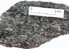 met4b  Biotite schist, Moine Supergroup, Isle of Mull, Scotland. Biotite (black), plagioclase (white), quartz (glassy), with a little muscovite and (red) garnet.