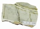 s99-14  Forsterite marble with bands and veins of yellow-green serpentine, formed from dolomitic Durness Limestone at the contact with syenite, Assynt, NW Scotland.